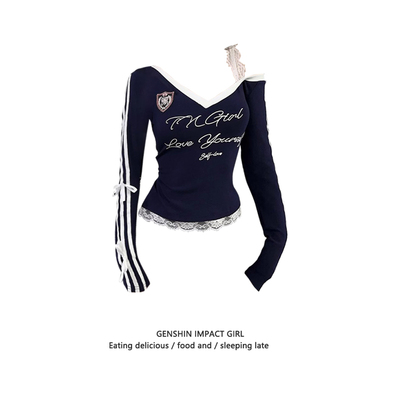 设计感小众v领收腰显瘦长袖T恤女