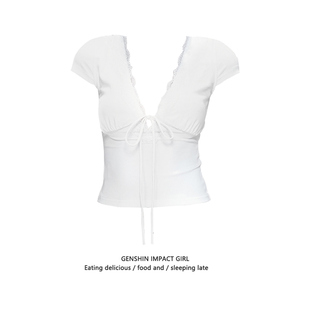 纯欲风蕾丝边绑带v领超好看短袖t恤女夏季新款白色修身显瘦上衣潮