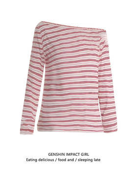 红色条纹斜领上衣女秋季新款百搭气质宽松显瘦甜辣妹露肩长袖T恤