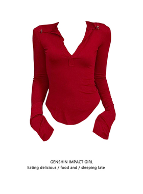 红色莫代尔t恤女秋季y2k辣妹v领长袖打底衫修身显瘦时尚洋气上衣