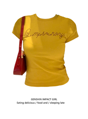 黄色字母烫钻正肩短袖T恤女夏季新款修身辣妹美式复古短款上衣ins