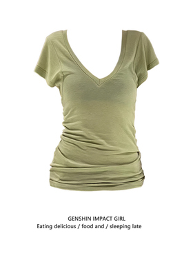 苔绿色V领正肩蝙蝠袖短袖T恤新款夏季收腰修身显瘦设计感小众上衣