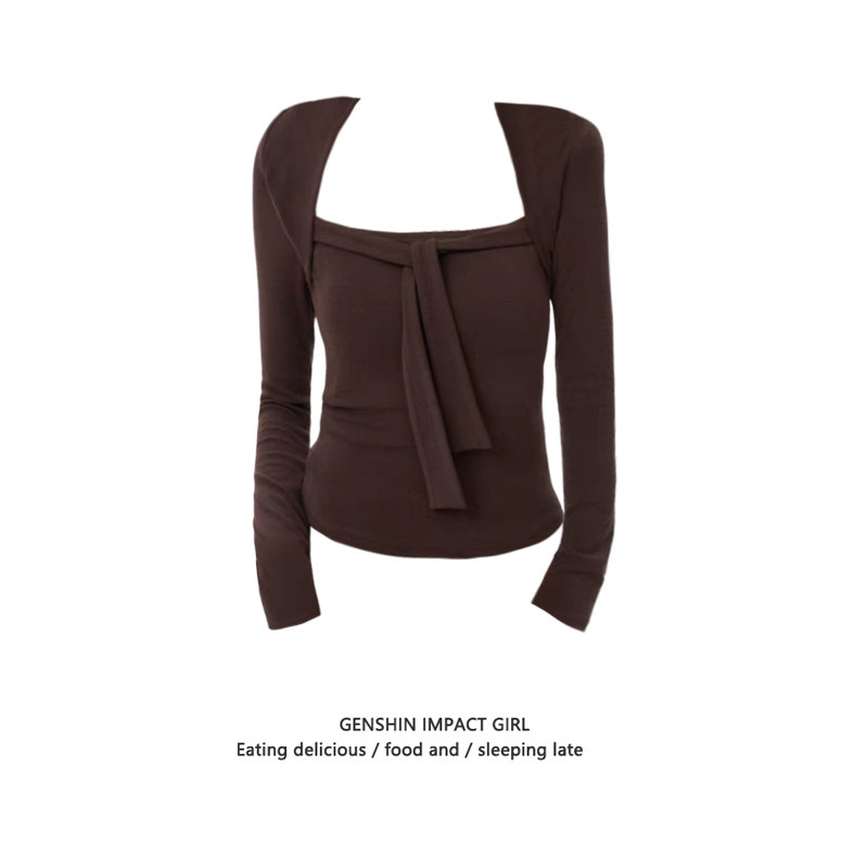 美拉德咖色方领辣妹上衣打底衫秋季纯欲风收腰显瘦内搭长袖T恤女,女装/女士精品,T恤,淘宝优惠券,粉丝福利购,淘宝优惠卷