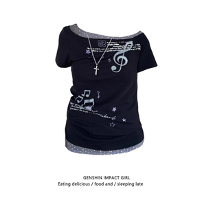 修身 新款 显瘦设计感撞色百搭上衣ins T恤女夏季 斜领露肩假两件短袖