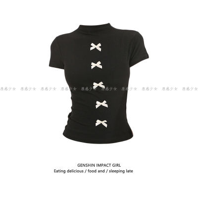 半高领黑色辣妹蝴蝶结短袖T恤女