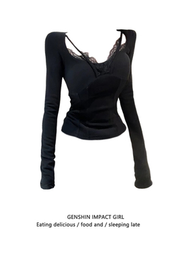 蕾丝拼接鱼骨设计带胸垫长袖T恤女春秋款纯欲打底衫磨毛内搭上衣