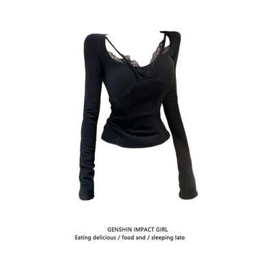 蕾丝拼接鱼骨设计带胸垫长袖T恤