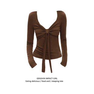 长袖 T恤女 内搭蝴蝶结设计修身 纯欲风收腰显瘦绑带辣妹上衣秋冬款