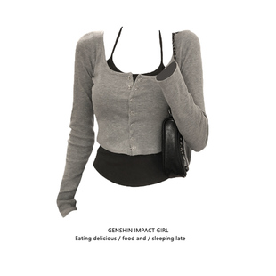 t恤女设计感小众修身 辣妹正肩长袖 显瘦收腰假两件上衣 美式 早秋季