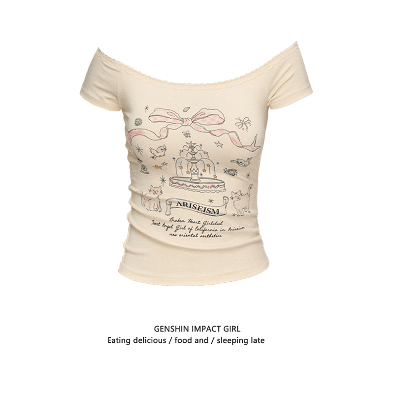 莫代尔一字肩印花短袖t恤女夏季