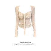 修身 气质甜辣妹波点绑带蝴蝶结方领长袖 T恤女春秋韩版 莫代尔上衣