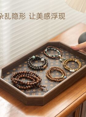 复古长方形桌面首饰摆件钥匙玄关收纳盒轻奢皮革中式茶盘托盘家用