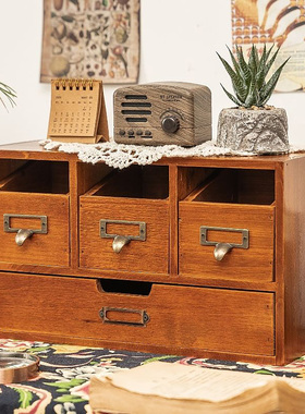 实木桌面收纳盒木质复古梳妆台香水化妆品置物架桌上杯子收纳柜子