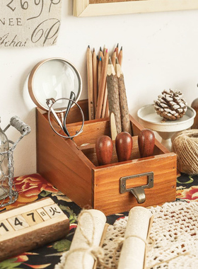 办公桌置物架遥控器文具桌面收纳盒书桌铅笔木质小盒子化妆刷笔筒