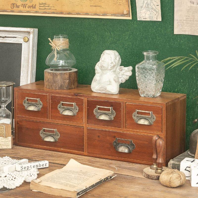 复古实木质抽屉收纳盒桌面文具饰品胶带化妆品整理多层zakka柜子