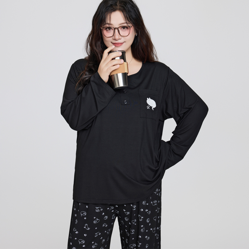 黑色KT猫胖MM大码睡衣女套装长袖长裤透气高弹力柔软莫代尔家居服