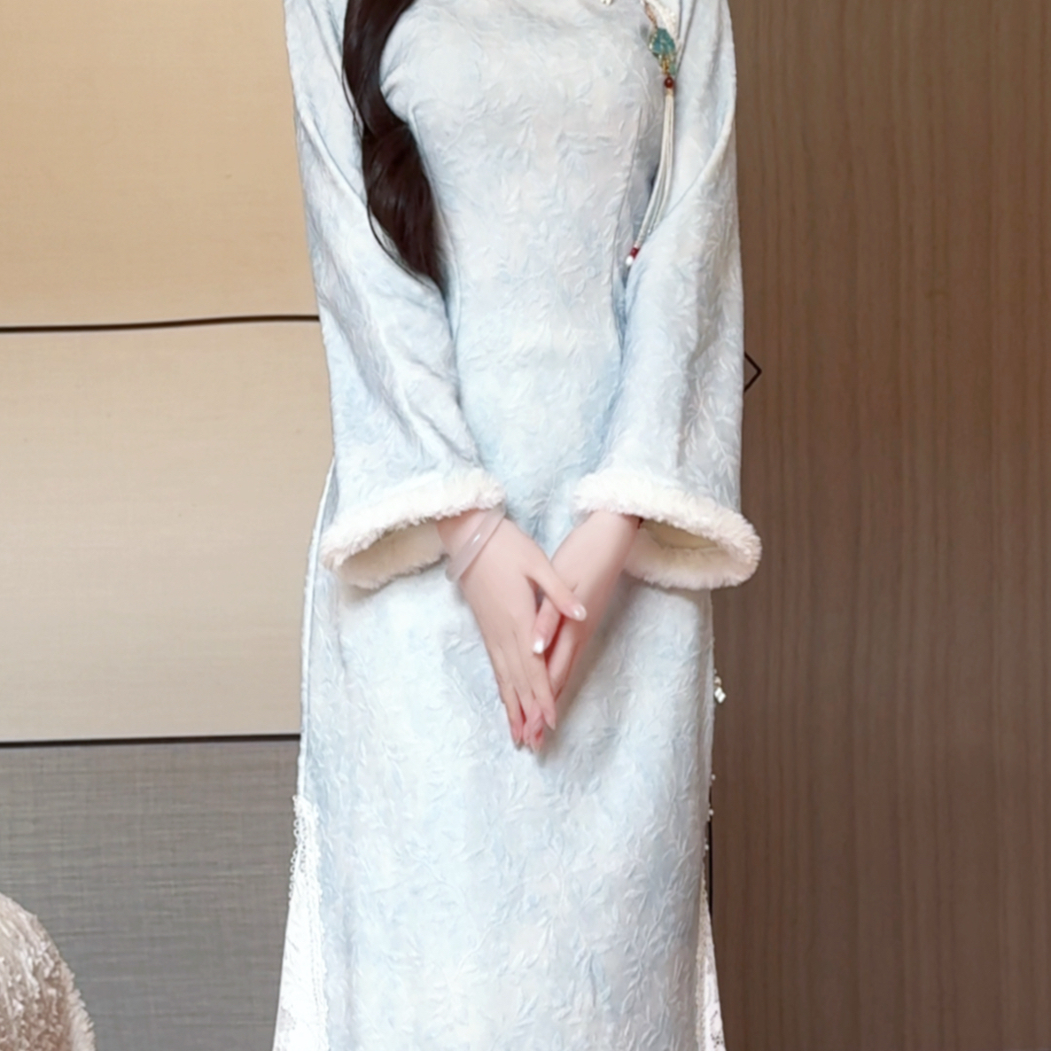 抹茶麻薯2025年冬季新款新中式旗袍加绒加厚小个子长袖蓝日常可穿