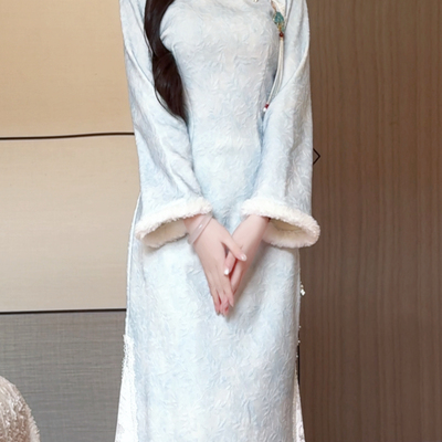 抹茶麻薯2025年冬季新款新中式旗袍加绒加厚小个子长袖蓝日常可穿