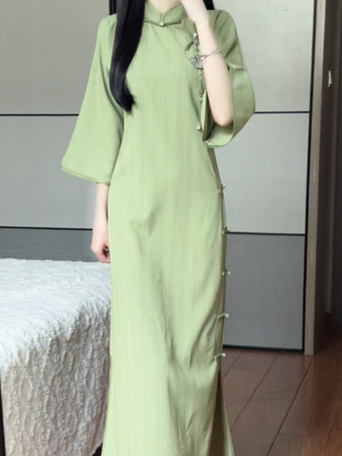 抹茶麻薯纯色全开襟古法旗袍