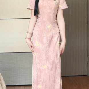 改良旗袍修身 粉色短袖 低开叉仿竹节麻裙子 新款 抹茶麻薯2026年夏季