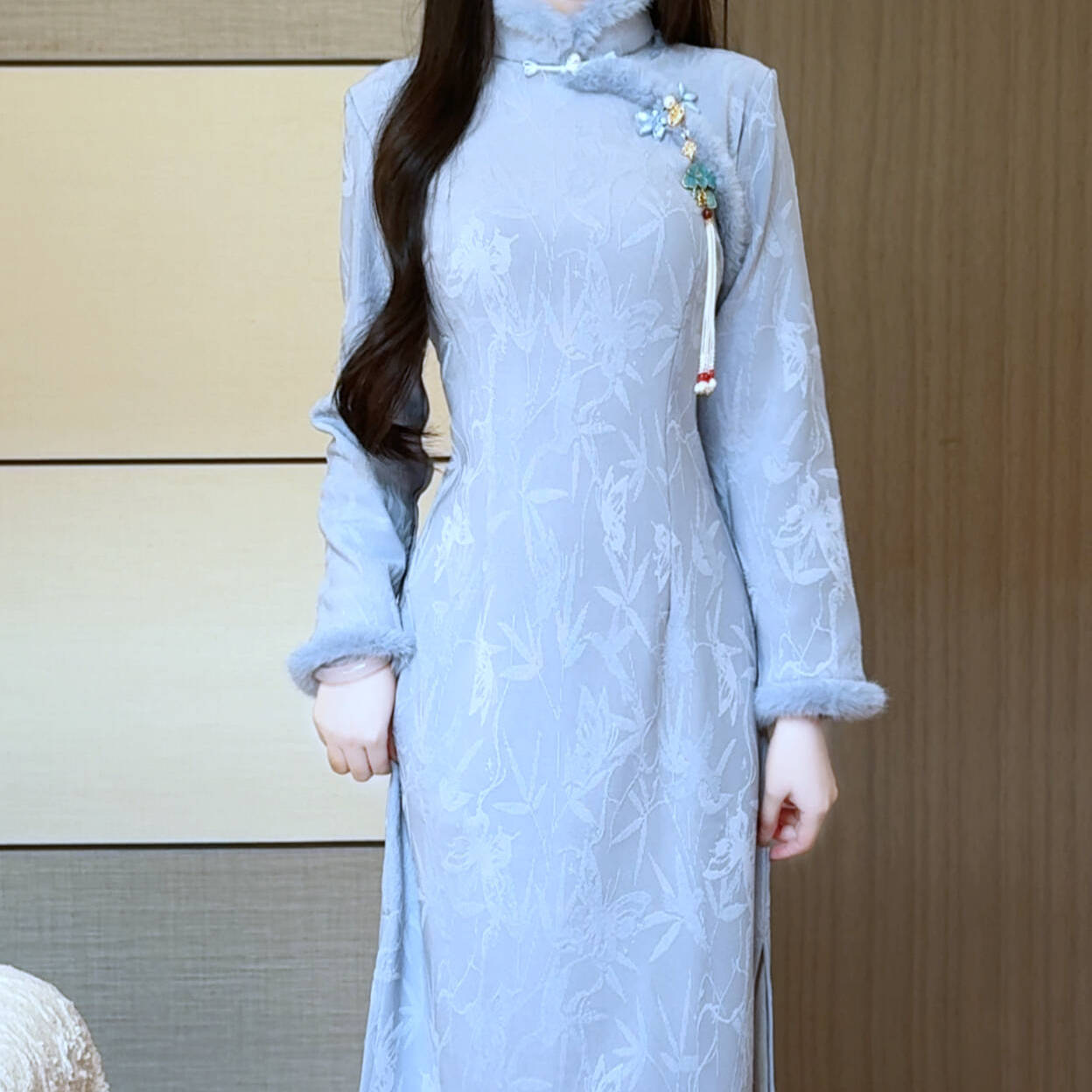 抹茶麻薯2025冬季新款蓝色复古中式长袖旗袍女保暖毛绒领日常可穿