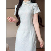 新中式 蓝色少女年轻文艺改良旗袍日常短袖 新款 抹茶麻薯2026年春季