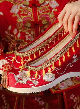 婚鞋女中式秀禾鞋内增高汉服鞋子古装红色新娘布鞋结婚古风绣花鞋