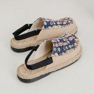 人仔印花新款平底夏季凉鞋不一样深口包头亚麻女鞋帆布鞋休闲鞋满