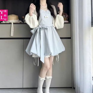 法式甜美高级设计收腰吊带连衣裙女初夏季学生收腰防晒披肩两件套