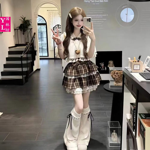 日系文艺蛋糕裙女夏季复古流苏设计学生短袖斗篷防格纹短裙三件套
