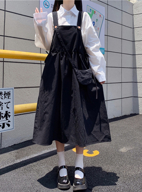 日系jk制服收腰显瘦黑色背带裙套装女春秋小个子夏季衬衫两件套