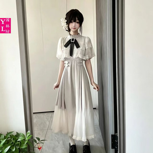 洛丽塔lulolita日系夏季女斗篷蕾丝花边短袖连衣裙修身网纱丝长裙