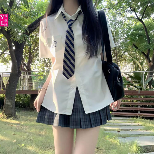 日系JK学院风刺绣短袖百褶裙套装