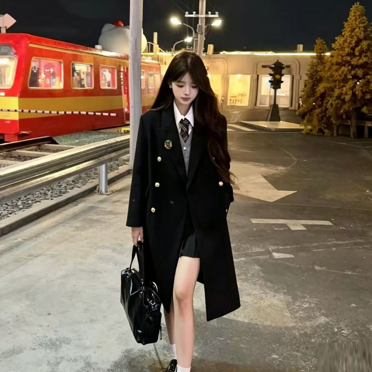 日系jk制服双排扣呢子套装大衣中长款高校学生学院风外套女秋冬季