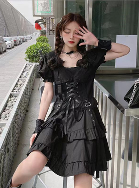 茶歇法式黑色连衣裙女学生2025夏季小个子绑带收腰显瘦a字小黑裙