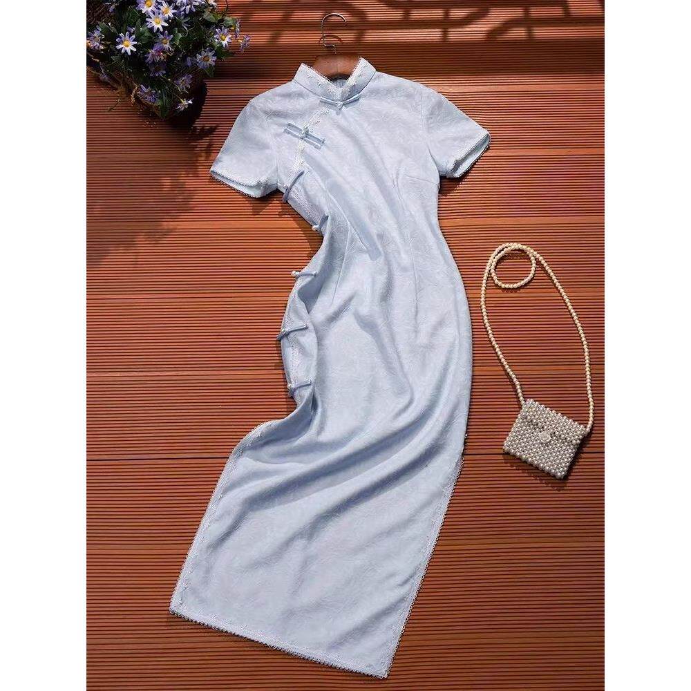 蓝色中式年轻显瘦旗袍国风收腰收腰旗袍裙新款连衣裙改良版小个子