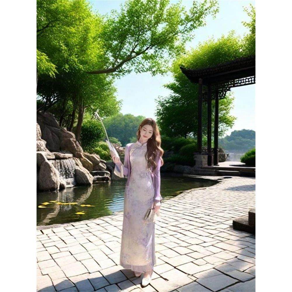 国风复古连衣裙日常改良版感气质短袖旗袍少女收腰淑女紫花中长款
