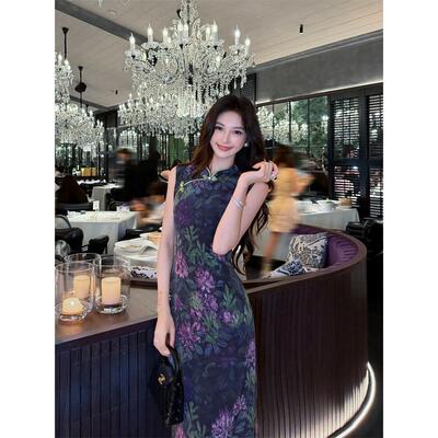 印花滚边复古连衣裙旗袍国风气质油画立领高聚会艺术感出游无袖
