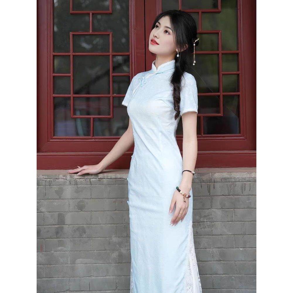 绝美改良提花中式蓝色款复古连衣裙收腰旗袍裙气质国风旗袍领立新