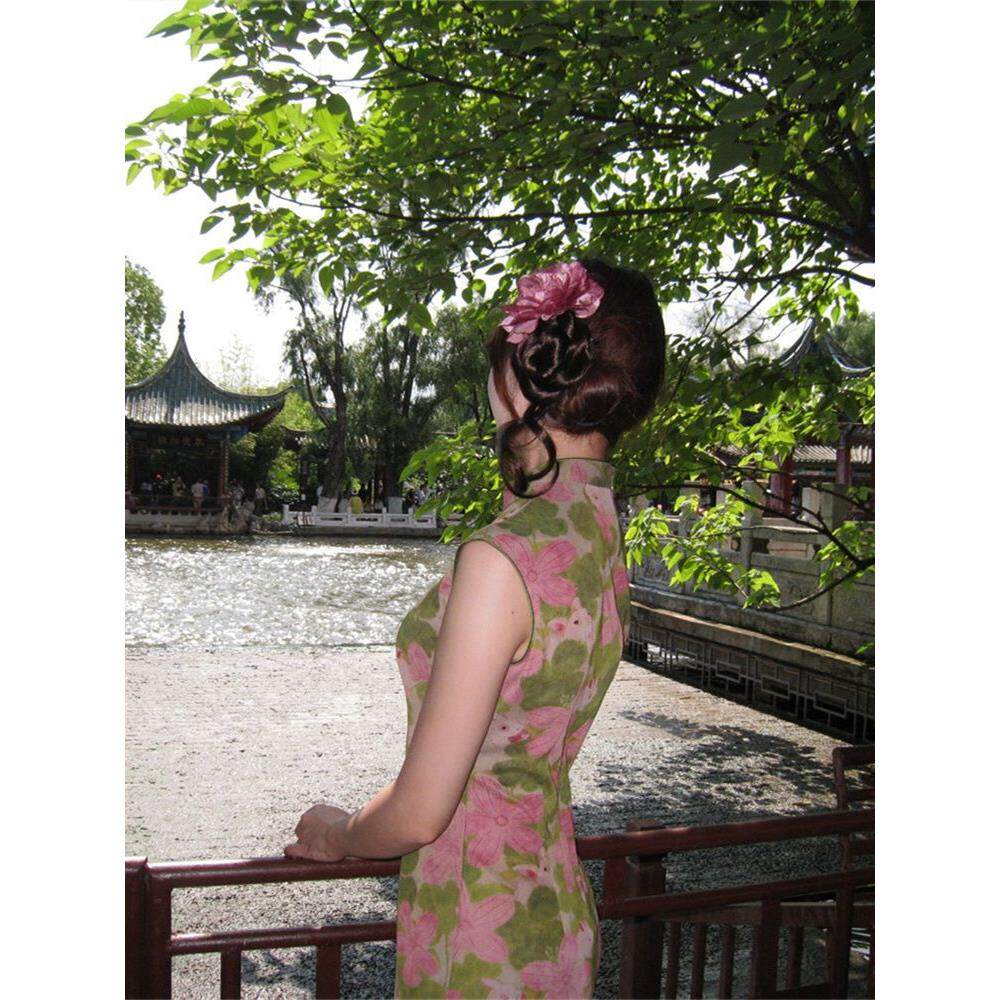 温柔少女连衣裙日常荷花兔国风立领中式绿包边无袖旗袍风印花新