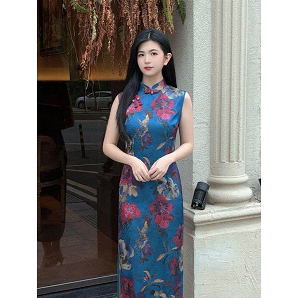 无袖古典改良新中式显瘦侧日常旗袍裙气质修身连衣裙花卉开叉国风