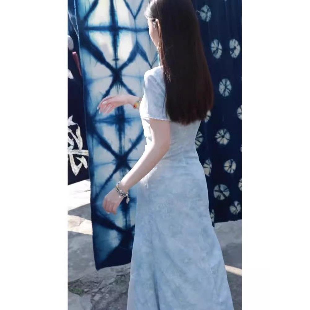 改良开叉中式新旗袍收腰日常质感中裙淑女短袖气氛围长裙法式出片
