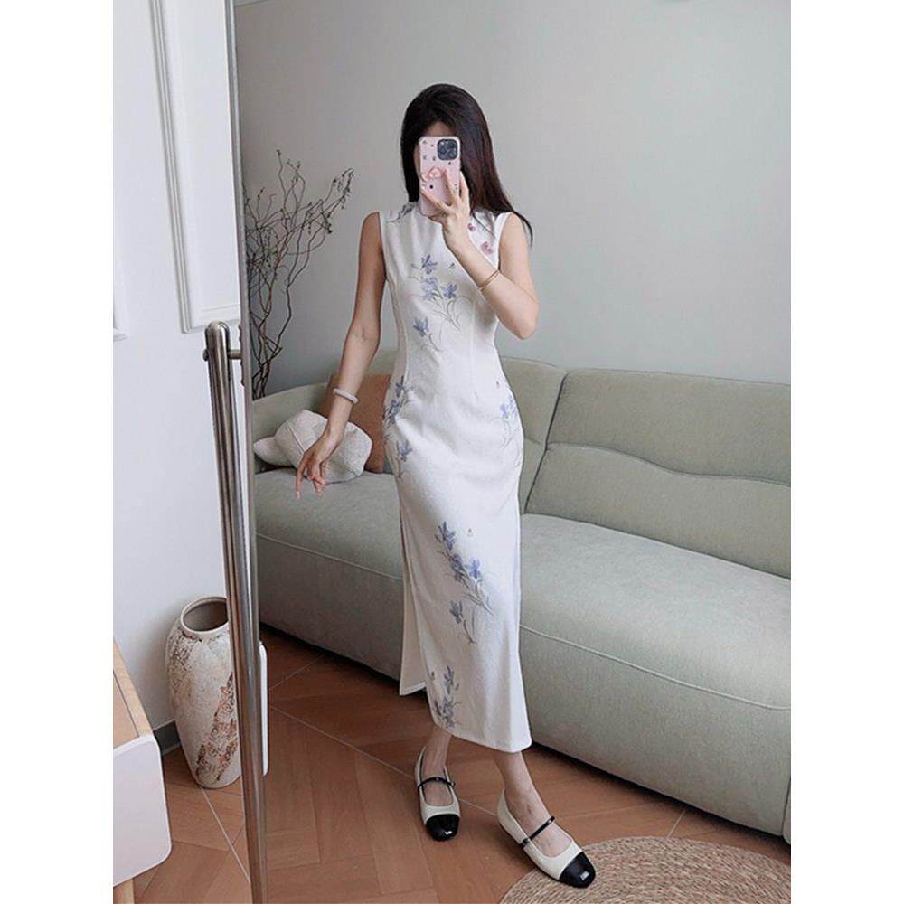 少女设计温婉改良立领旗袍雅致新气质兰花无袖印花连衣裙紫扣中式