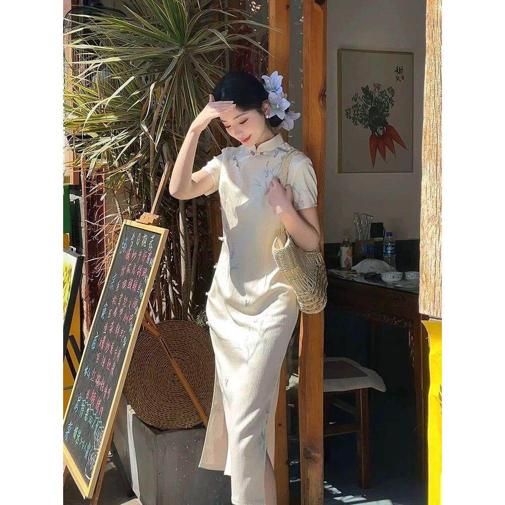 日常提花复古中式风新长淡雅旗袍夏季改良版连衣裙中新款美国绝短