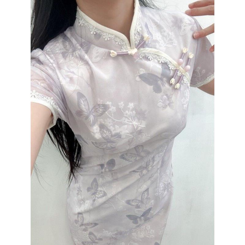 中式旗袍长款碎花气质瘦中气质紫白温柔腰显新款收国风连衣裙改良
