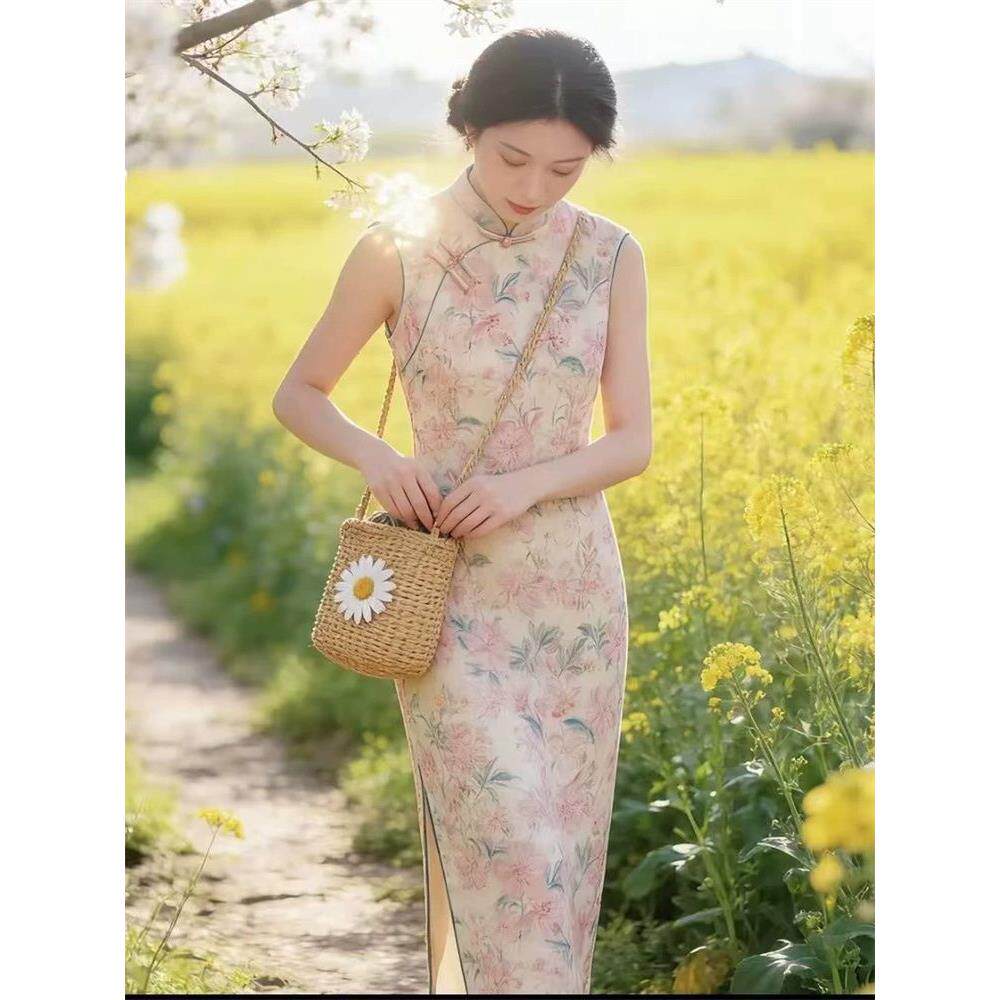 送考中长款显瘦气质新旗袍花卉无袖修身连衣裙复古清新中式国风