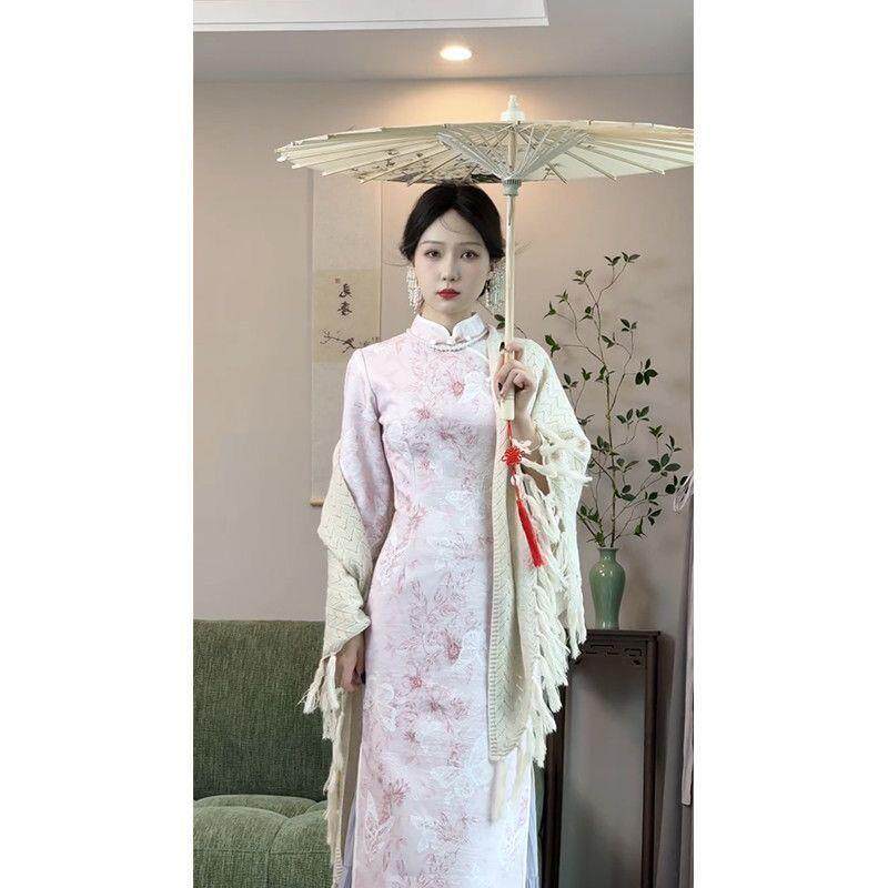 显瘦提花中式气质新款淑女粉色收腰旗袍复古连衣裙国风春秋新中长