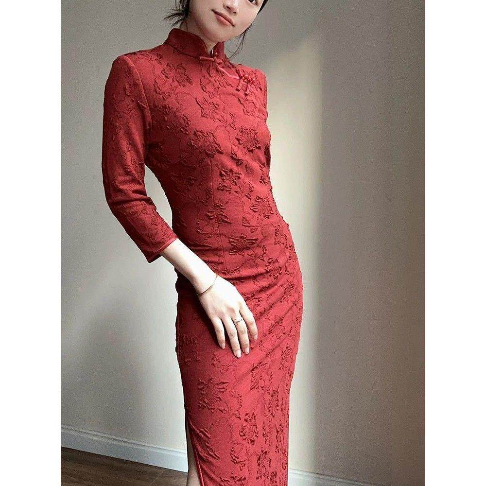 气质红色立体优雅旗袍新娘礼服七分袖酒服长款暗纹改良敬酒提花