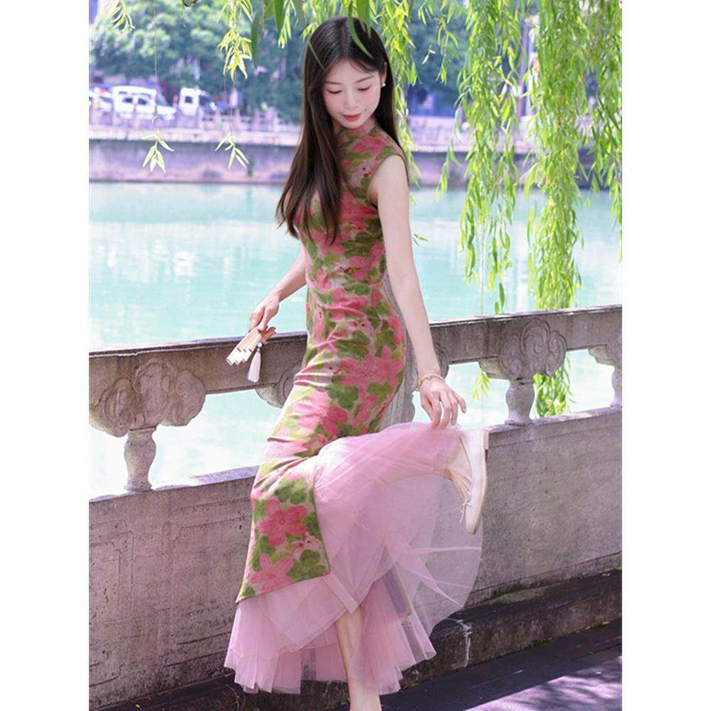 温柔新无袖日常旗袍少女气质连衣裙开叉荷花立领兔中式风国风收腰