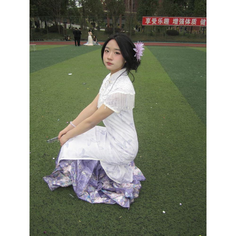 绝美紫白片宴会显瘦修身江南淑女气质风出旗袍温婉高端气质连衣裙